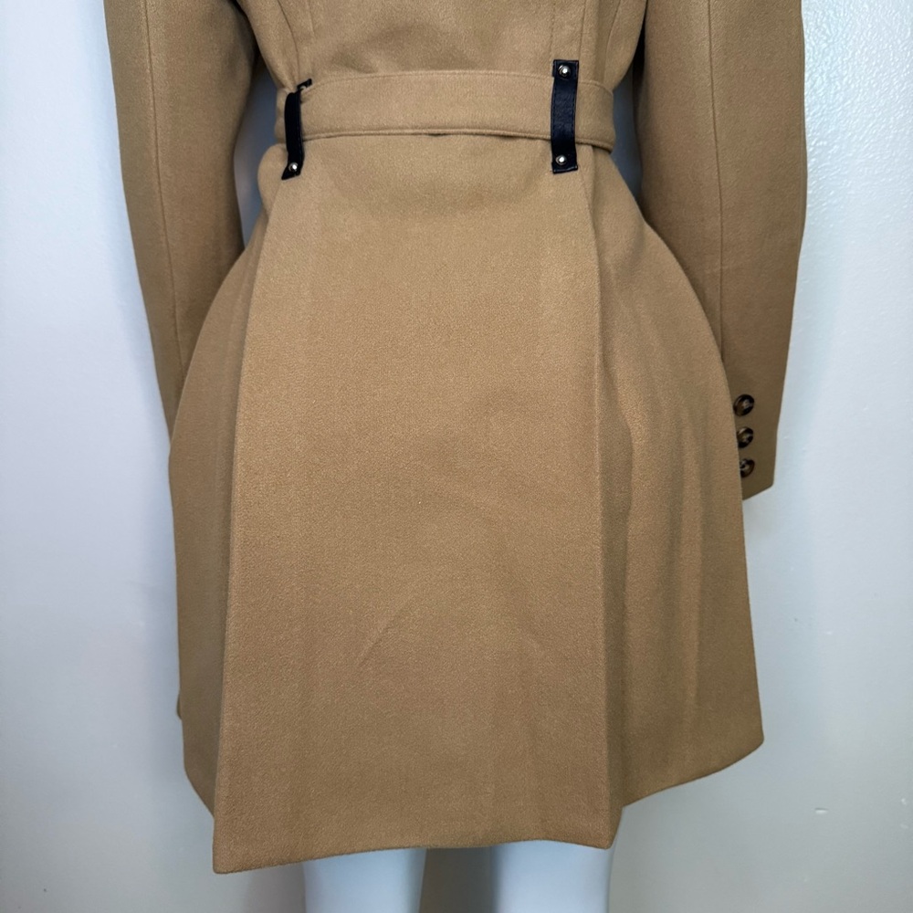 Khaki single breasted lapel collar A-line pleated flare belted pea coat - Picture 7 of 12